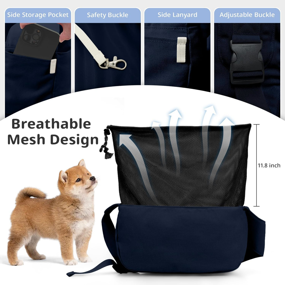 ONECUTE Dog Purse Carrier for Small Dogs Rabbit cat with Large Pockets - Navy Blue Sling / 15.7"L x 5.9"W x 8.6"H - image 4