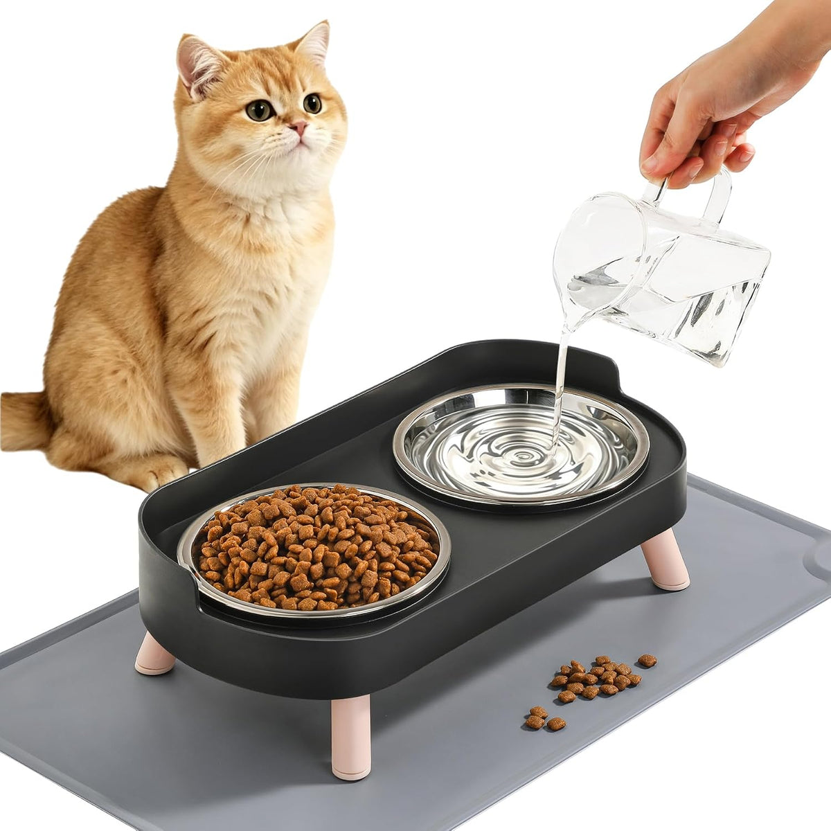 Elevated Cat Bowls Set - Raised Cat Food and Water Bowl Set with Non Slip Stand - Pet Feeding - Black with Mat