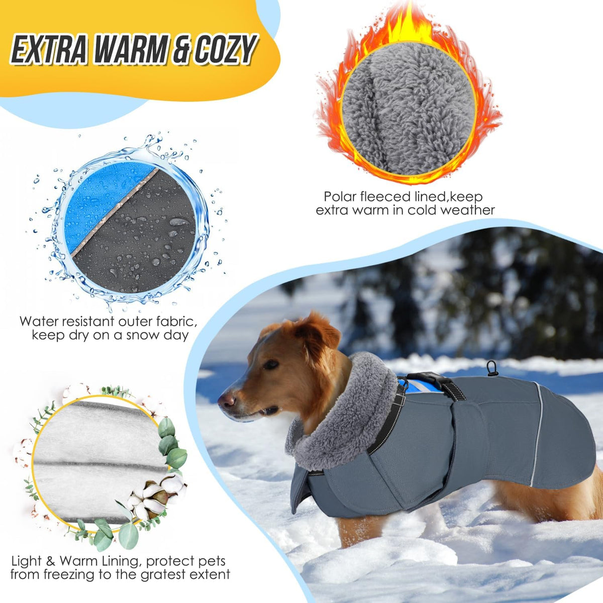 SlowTon Dog Winter Coat, 3 Layers Thick Warm Fleece Lining Dog Jacket – Essentials for Dogs - Large / Blue - image 3