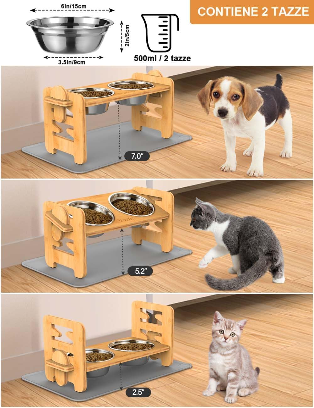 Elevated Dog Bowls, Raised Dog Bowl Stand Adjustable Small - Bamboo / Small / With Mat - image 2