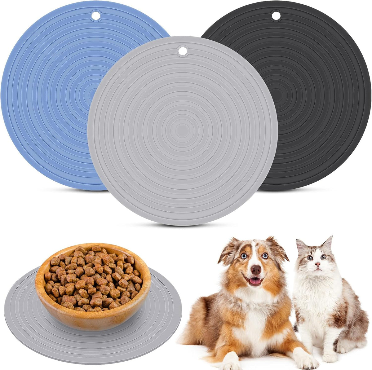 3 Pieces Silicone Pet Food Mat Feeding Mat for Dog and Cat Bowl - Blue, Gray, Black / 7.1 Inch