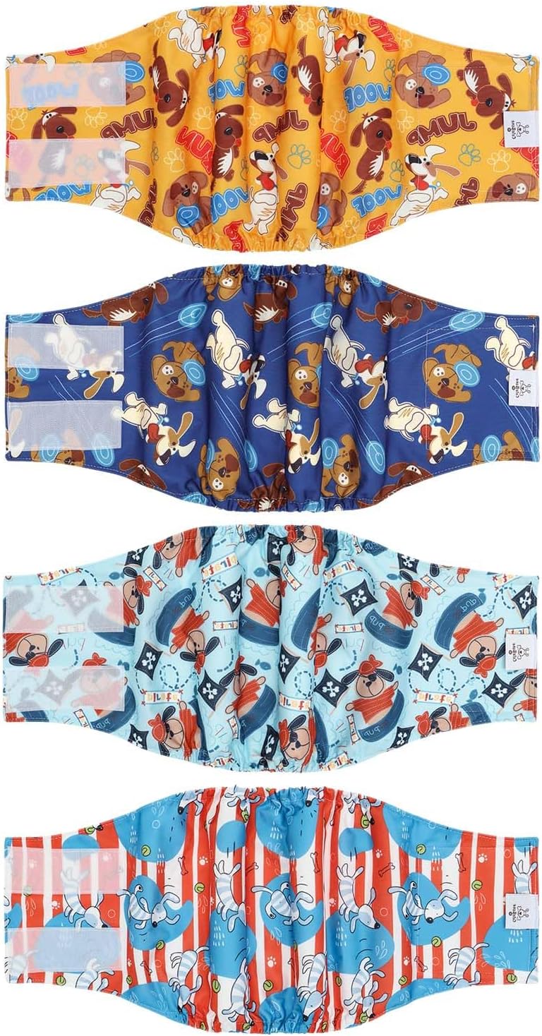 CuteBone Dog Diapers Male 4 Pack Puppy Wraps Reusable Doggie Belly - Puppy Pals / L(17"-21")