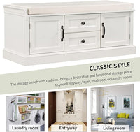 Storage Bench with 2 Drawers and 2 Cabinets, Pine Wood Shoe Bench with Removable Cushion for Living Room, Entryway 42.5" L x 15.9" W x 17.5" H (White)