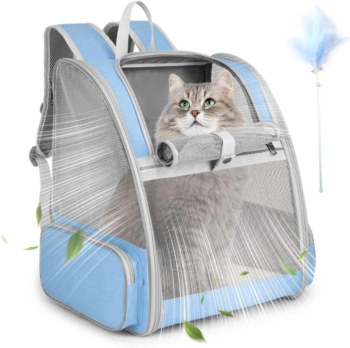 Cat Backpack Carrier, Small Dog Carrier Backpack with Fully Ventilated Mesh, Kitten Wand Feather - Blue