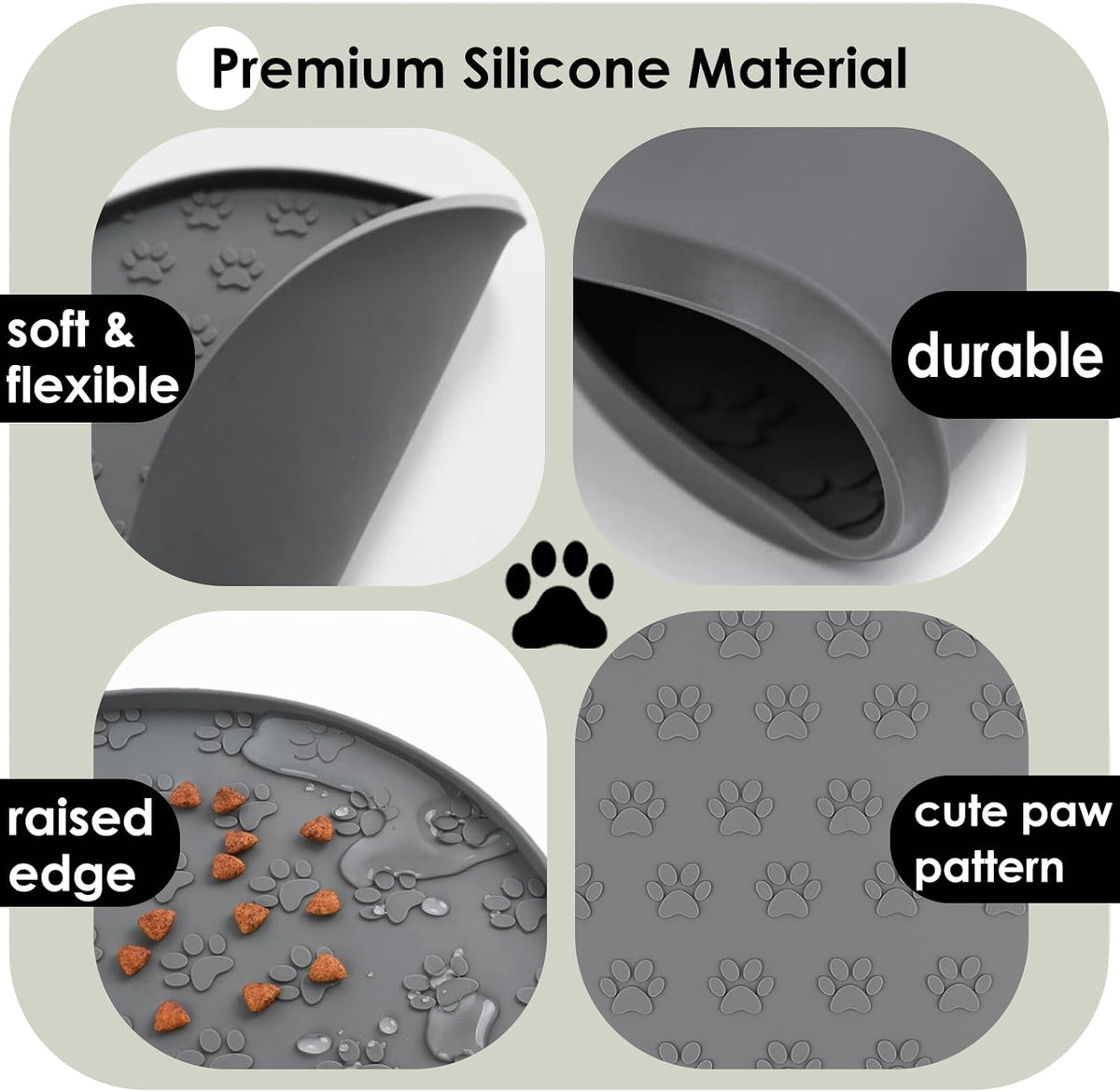 Pet Feeding Mat, Waterproof Anti-Slip Placemats for Dog Cat Bowl Silicone Pet Food Mat, Raised Edge - 1 Grey / 10.9"L x 10.9"W - image 4