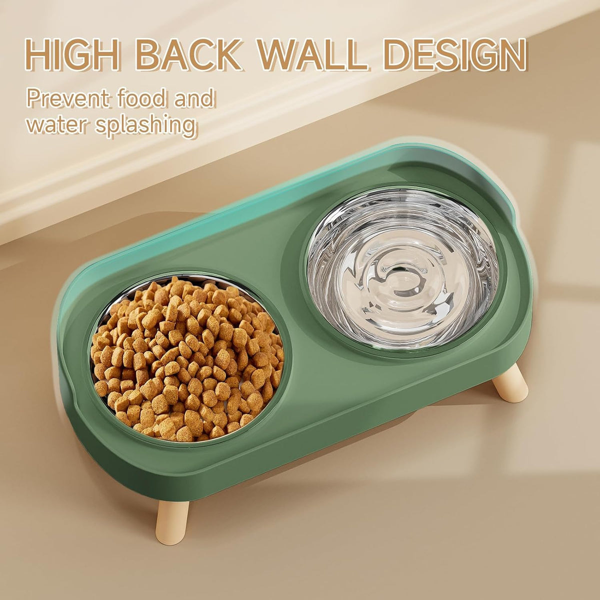 Elevated Cat Bowl, Raised Cat Food and Water Bowl Set for Indoor Cats, Splash Proof with 2 - Cat Bowls-Green - image 2