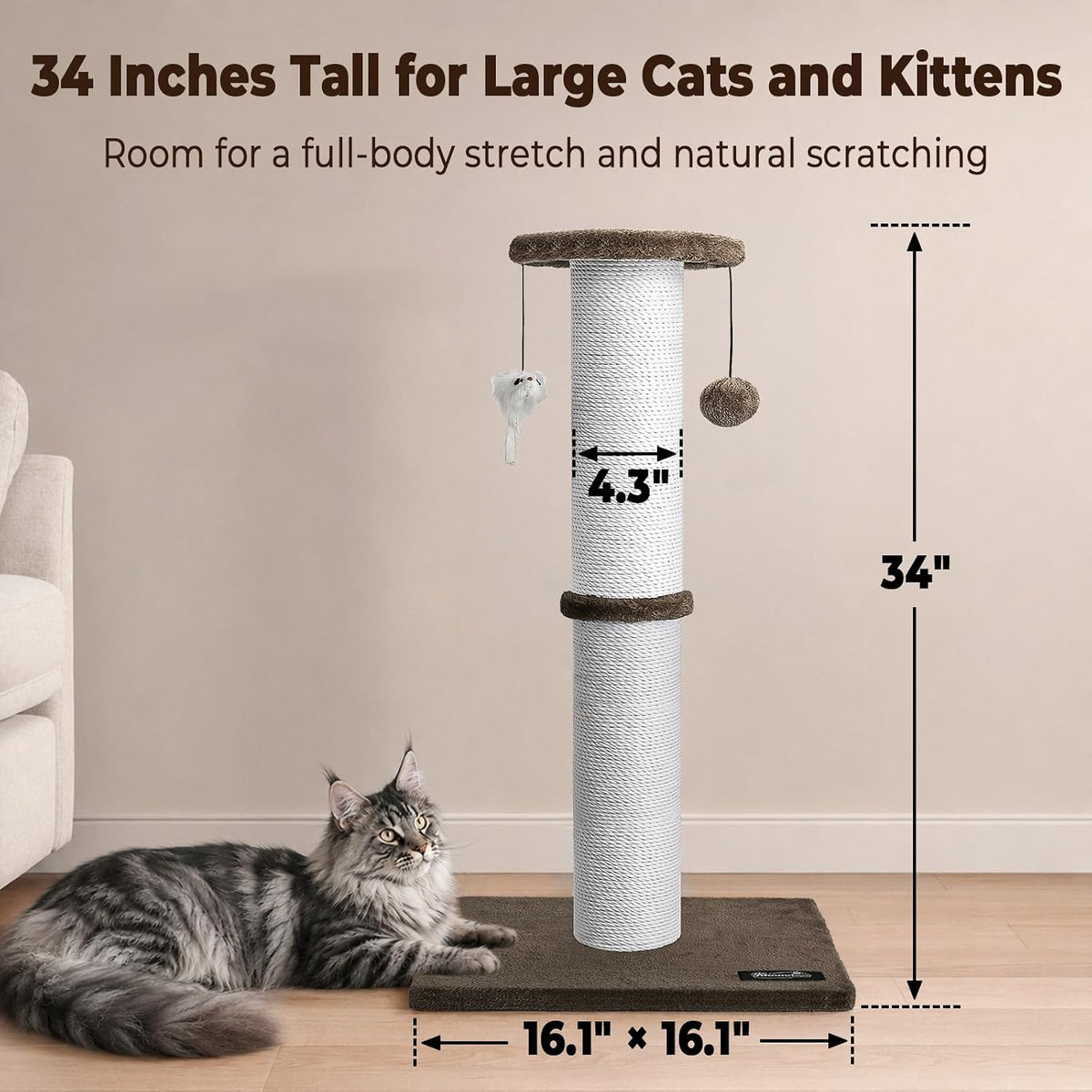 34-Inch Tall Cat Scratching Post for Large Cats, Stable Base - Brown - image 2