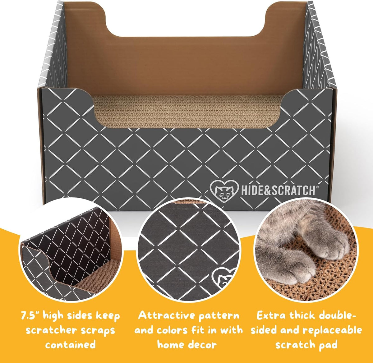 Hide & Scratch Cardboard Cat Scratcher Box & Bed Dark Grey Diamond Pad – Essentials for Cats - Dark Grey - image 3