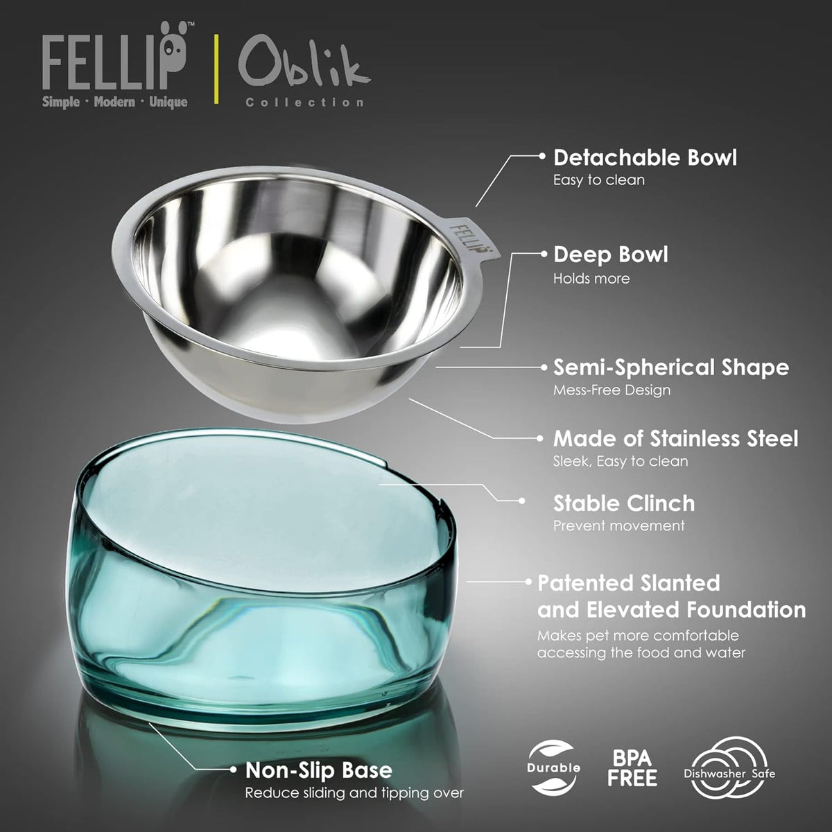 Felli Pet Oblik Acrylic Raised Dog Food Water Bowl Stainless Steel - Classic / 1.5 Cups Oval Dish - image 2