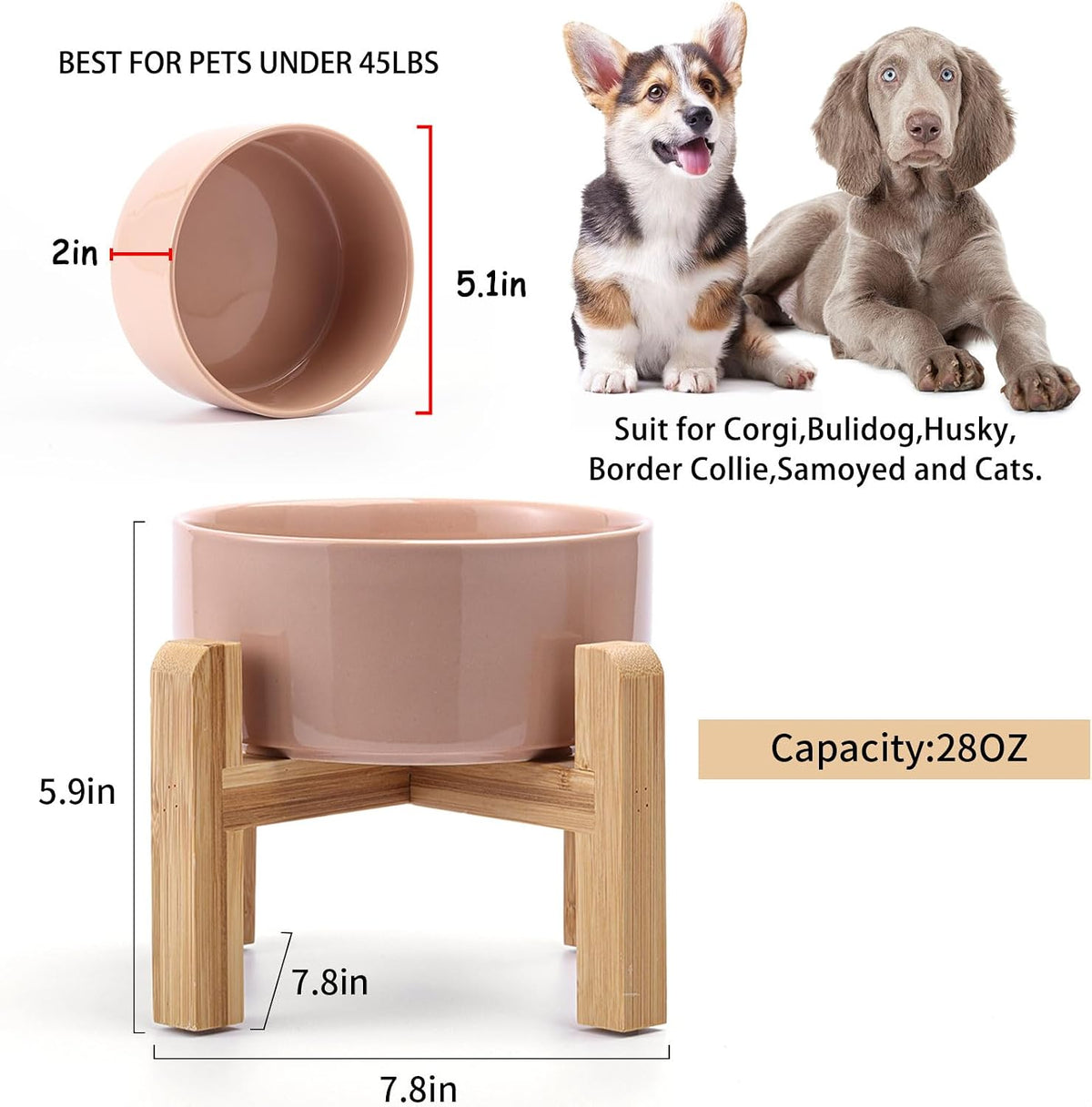 28 OZ Rust Red Elevated/Raised Ceramic Dog Bowl for Small and Medium - Khaki / 3.6 Cups - Medium - image 3