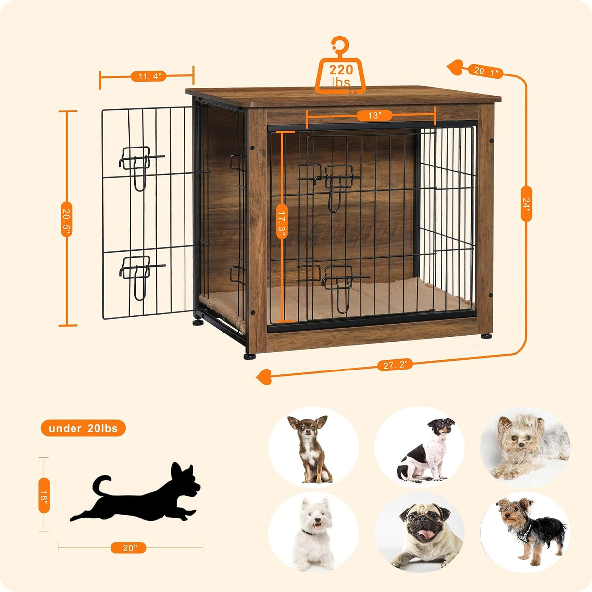 27" Dog Crate Furniture, Dog Kennel Indoor - Warm Brown / 27.2"L x 20.1"W x 23.6"H - image 3
