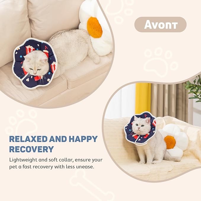Avont Soft Cat Recovery Cone Collar, Adjustable Lightweight Kitten E-Collar for Small Dogs, Comfortable Neck Donut Stop Licking Scratching After Surgery -Popcorn(M)