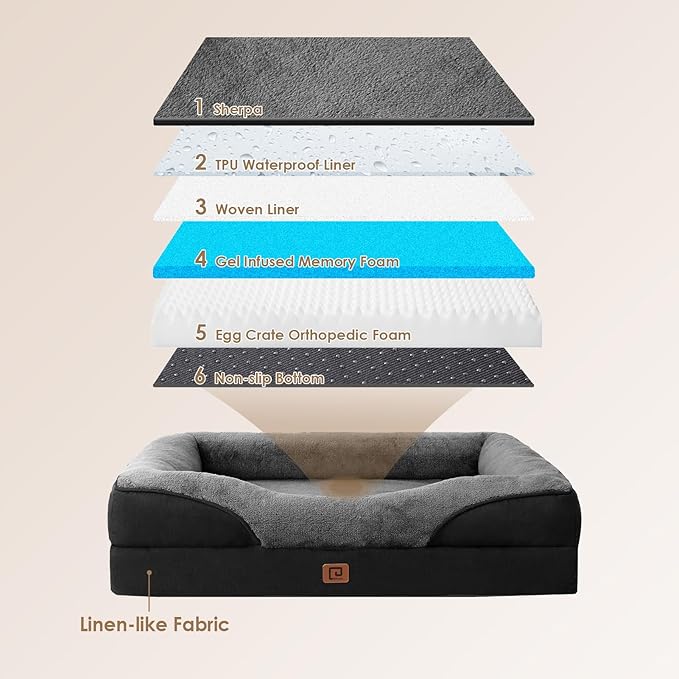 EHEYCIGA Memory Foam Dog Bed for Large Sized, Orthopedic Dog Sofa with Sides and Waterproof Liner, Washable Bolster Pet Bed Couch with Removable Cover, 36x27x7 Inch, Grey/Black