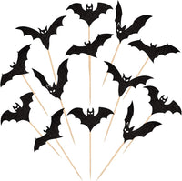 24 PCS Halloween Bat Cupcake Toppers Black Glitter Bat Cupcake Picks - Pattern 6 Bat