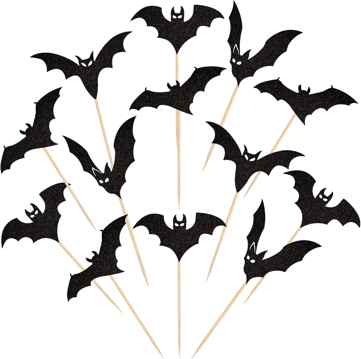 24 PCS Halloween Bat Cupcake Toppers Black Glitter Bat Cupcake Picks - Pattern 6 Bat