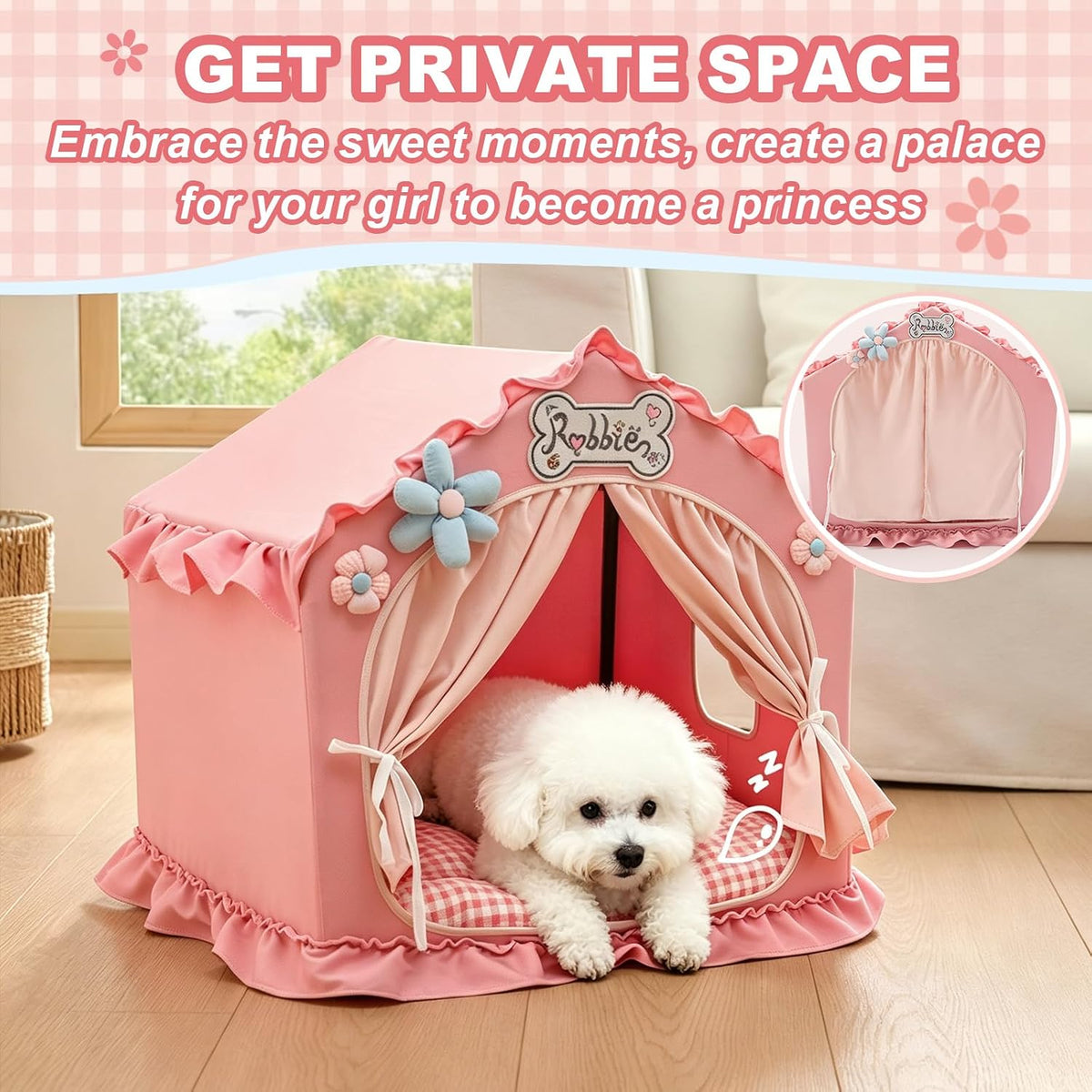 Indoor Dog House with Frame, Cute Dog Tent Bed with Cover Cave - Medium ( 17" × 17" × 17" ) / Pink - image 4