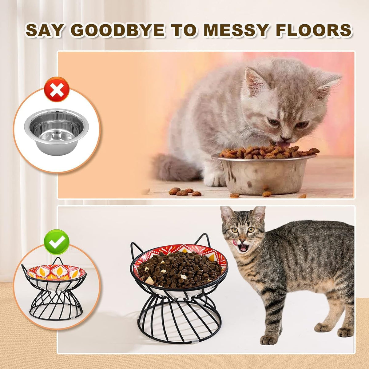 Metal Stand for Cat Dish - Raised Cat Bowl Holder with Anti Slip Sleeves - Black Iron - Elevated - image 4