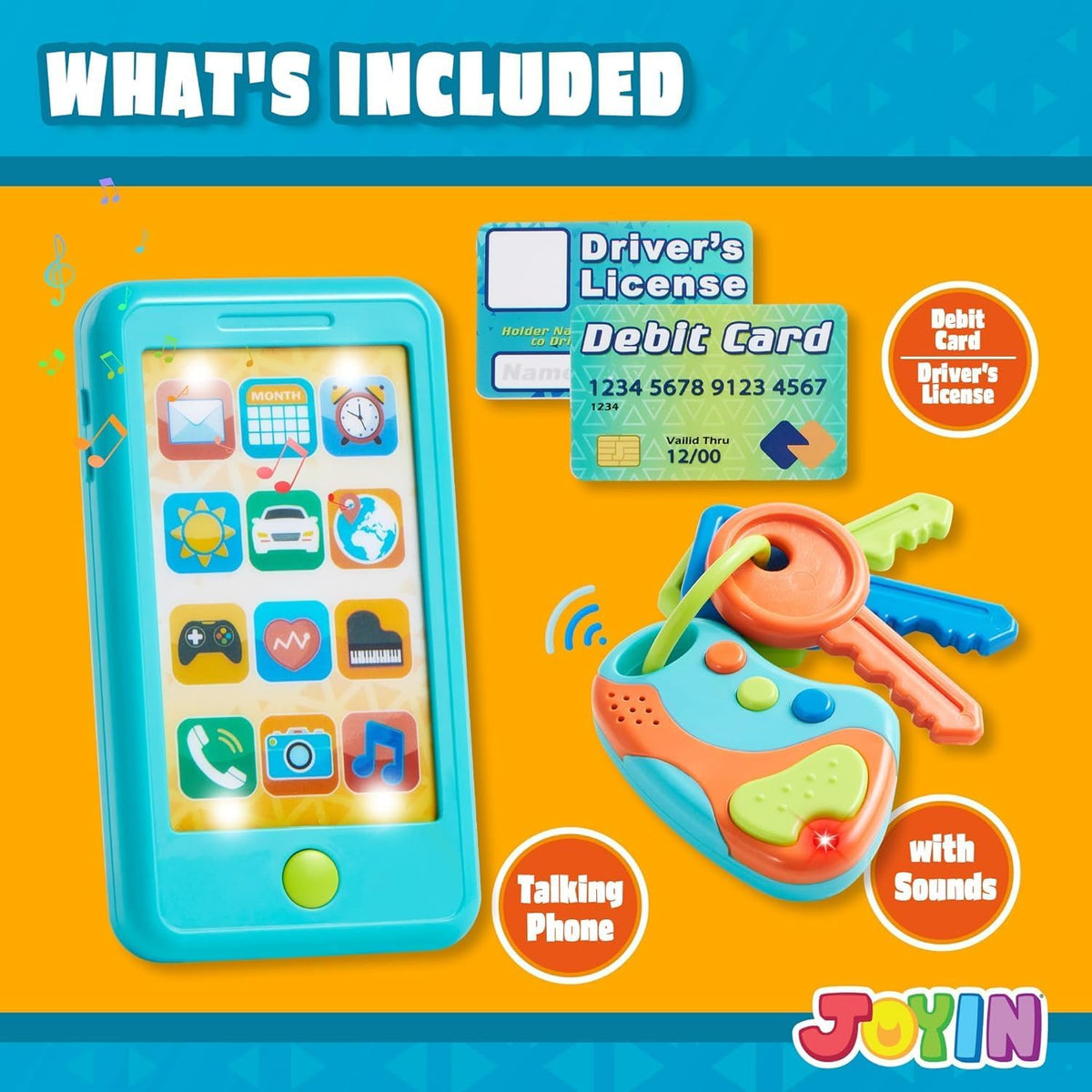JOYIN pink 4-in-1 pretend play phone set for toddlers with key fob, license and debit card - view 3