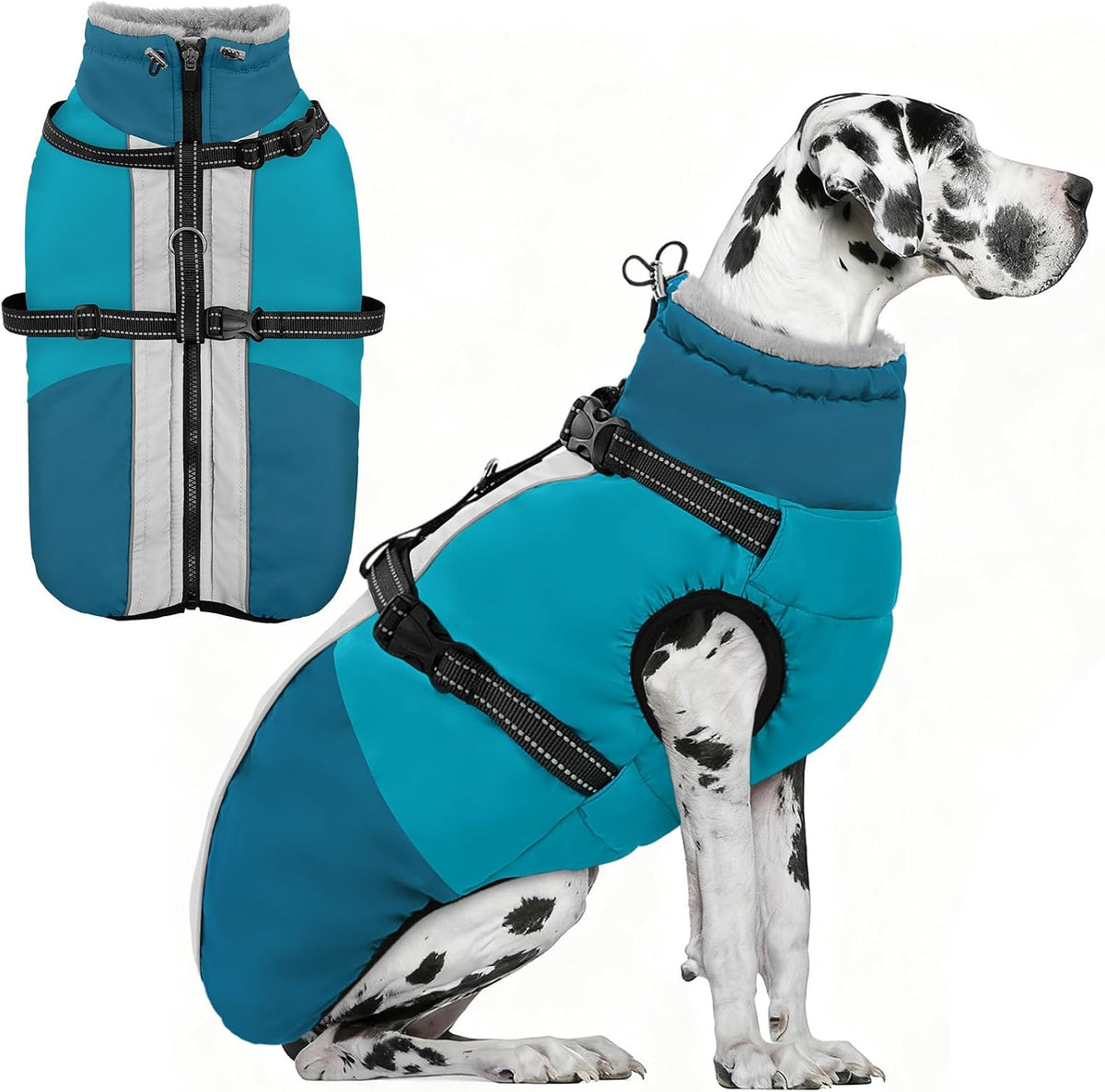 Large Dog Coat Waterproof Dog Winter Jacket with Harness TurquoiseL – Essentials for Dogs - PineGreen / XX-Large