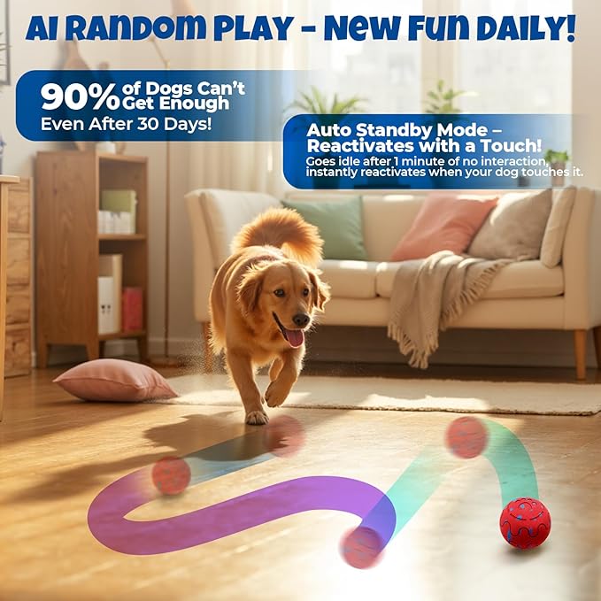 Dog Balls: Interactive Dog Ball Auto Rolling - Interactive Dog Toys for Aggressive Chewers - Bouncy & Throwable, Type-C Rechargeable, Washable, for Small & Medium & Large Dogs – Red