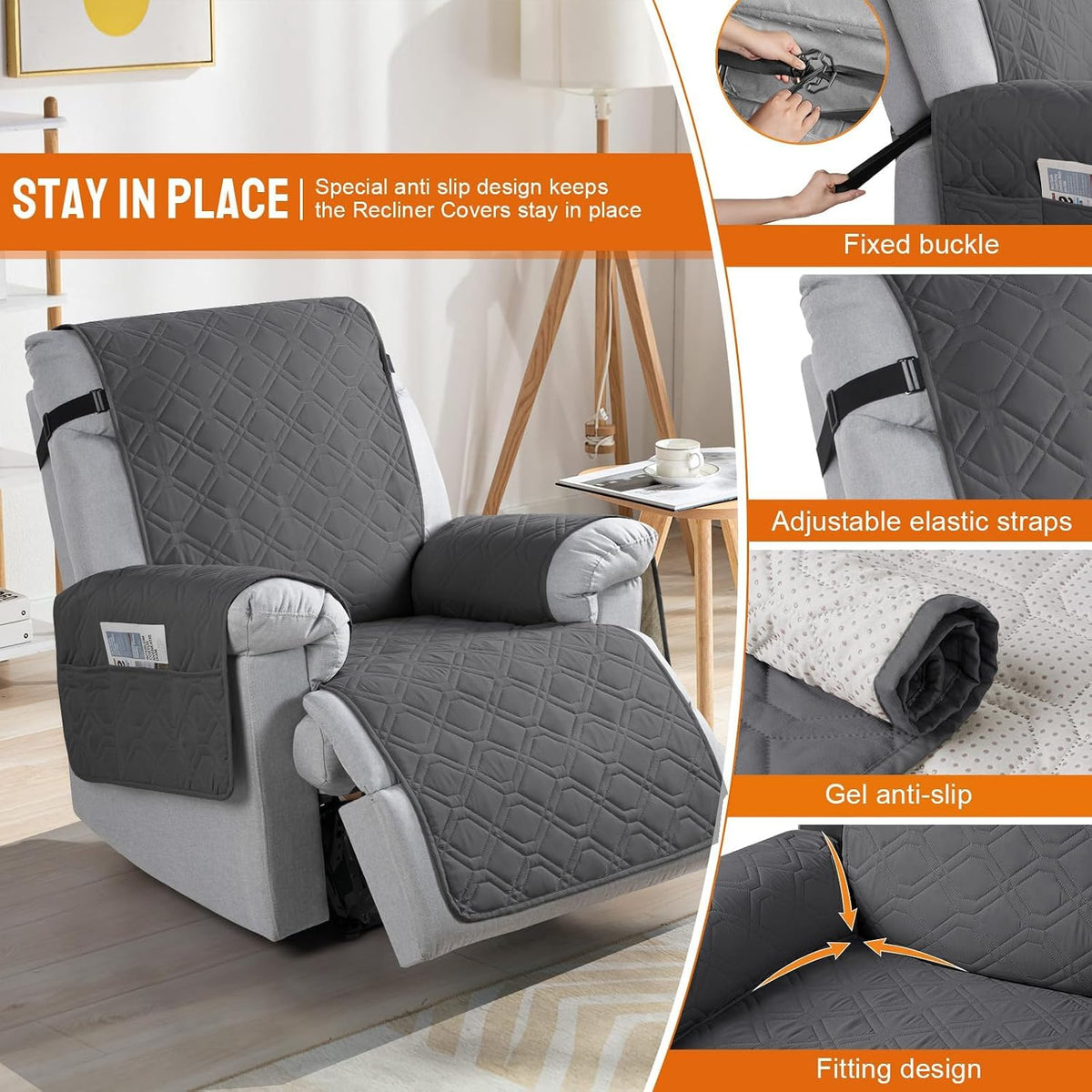 VANSOFY 100% Waterproof Recliner Chair Covers - Charcoal Gray / 22" - image 3