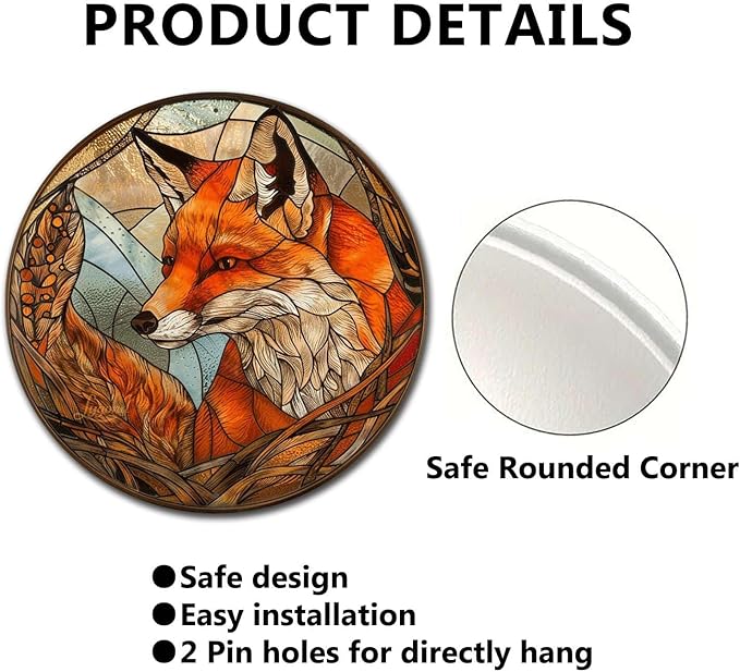 Lygond Metal Sign Tin Sign Circular Stained Glass Fox Minimalist Wall Art for Pub 12×12 Inches