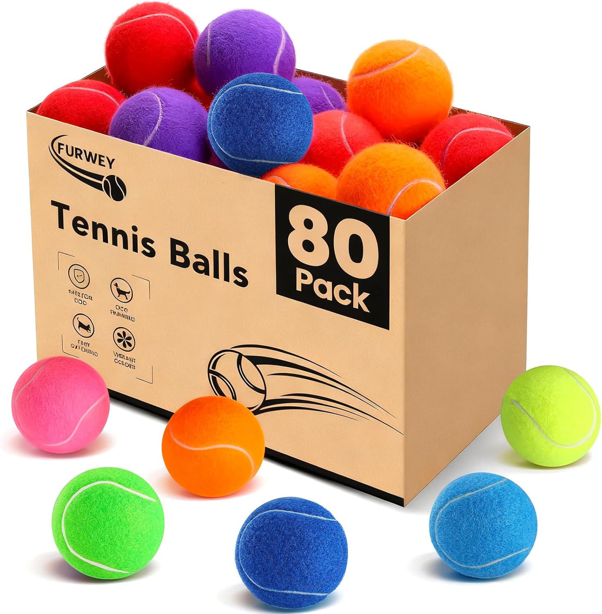 Colorful Tennis Balls for Dogs, Non Squeaky - Medium-2.5in / 80P
