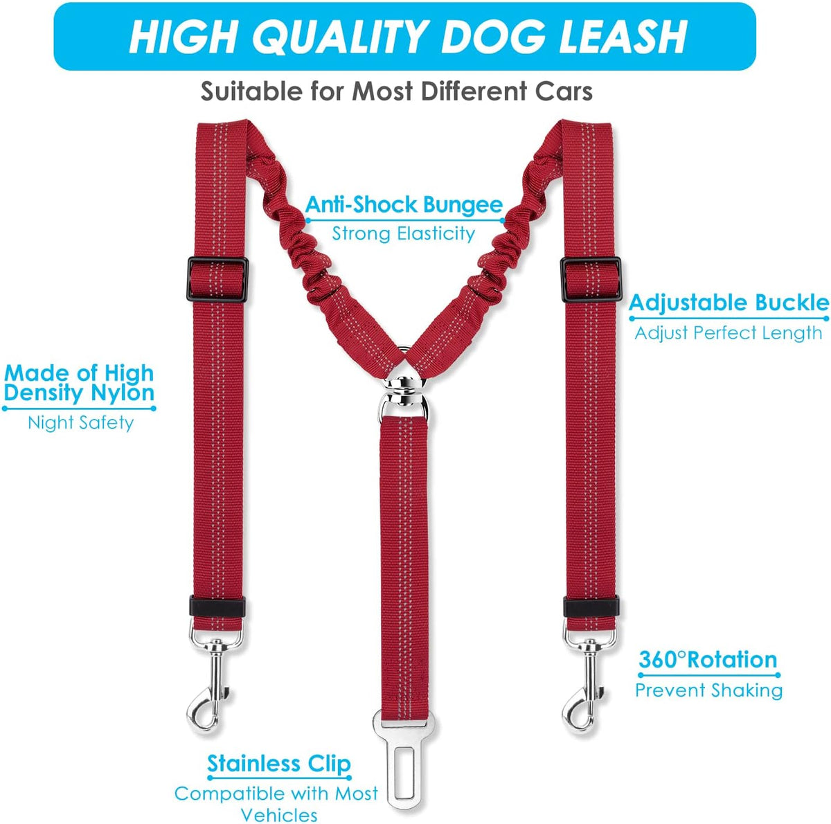 SlowTon Double Dog Seat Belt for Car with Elastic Bungee Buffer - D.Red / 2 Medium in 1 - image 3