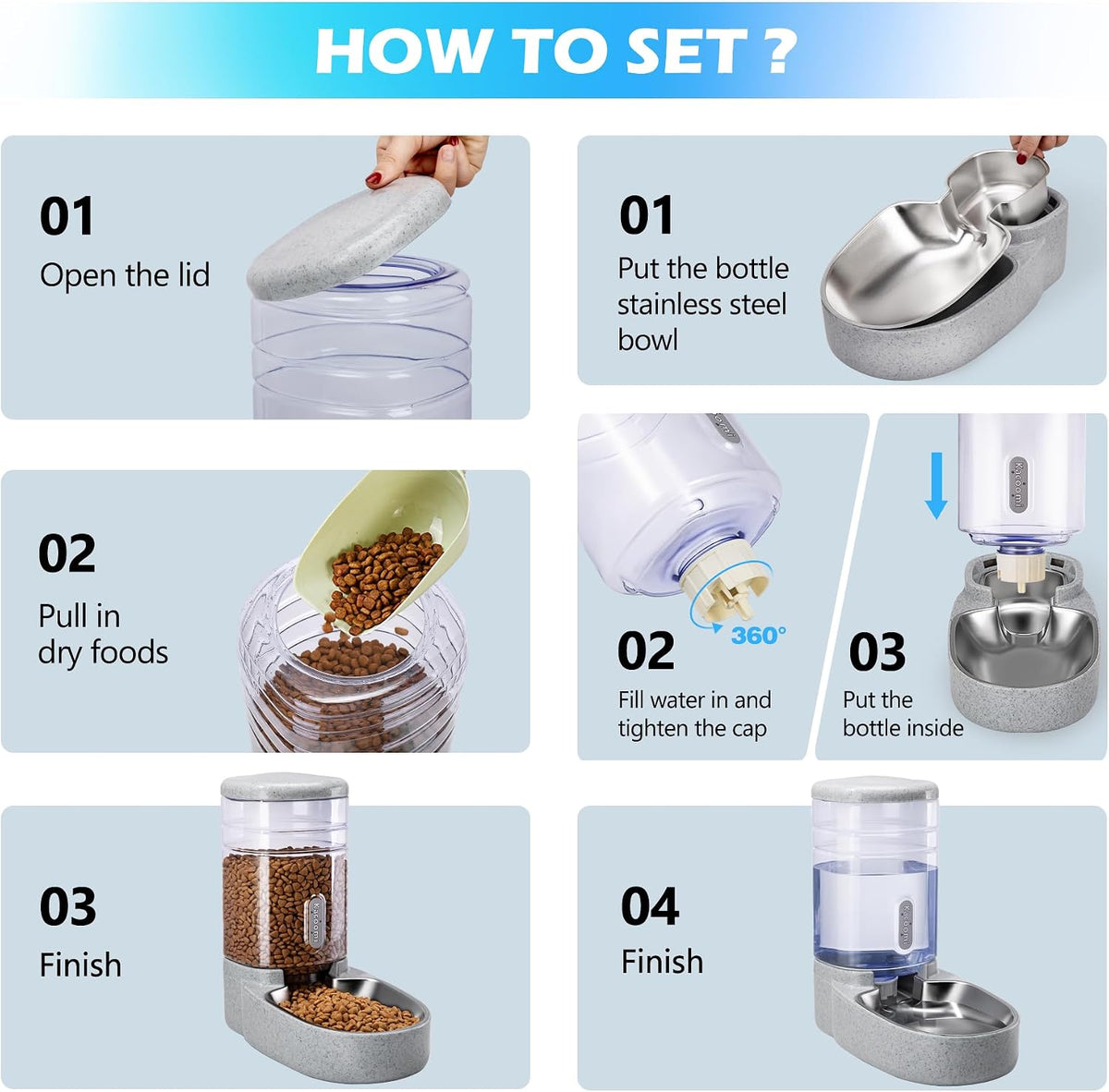 Automatic Cat Feeder and Water Dispenser with Stainless Steel Bowl - Stainless Steel-Grey - image 4