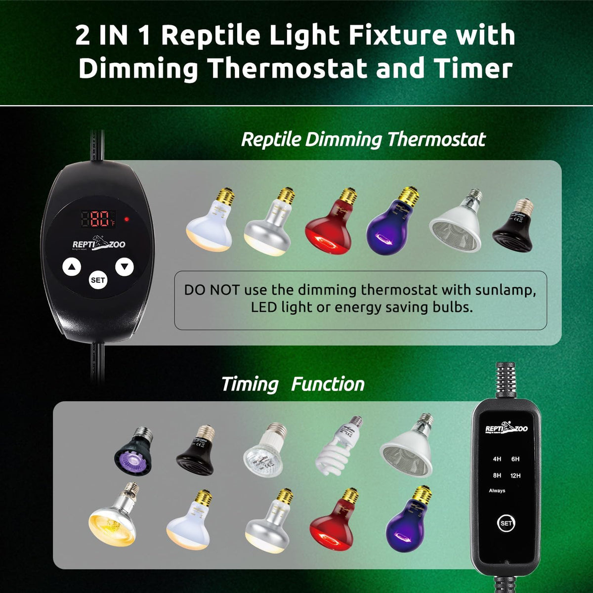 REPTI ZOO Dual Reptile Light Fixture with Dimming Thermostat and Timer - image 3