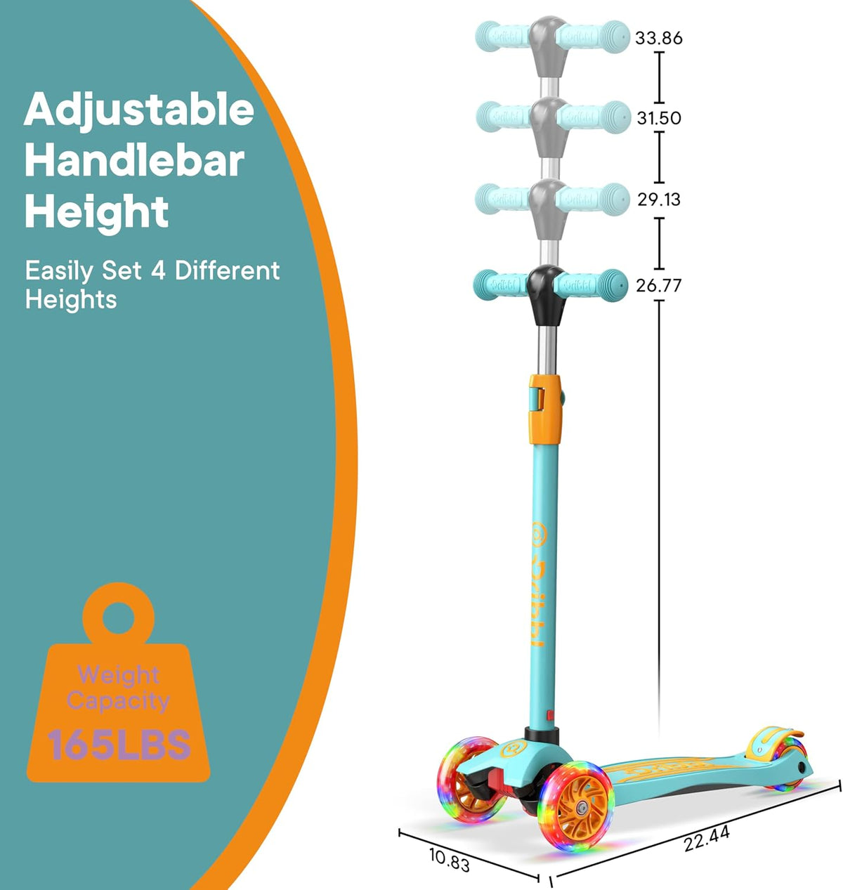 Dribbl 3-Wheel Kids Scooter, Lean-to-Steer Technology - Light Blue & Orange - image 4