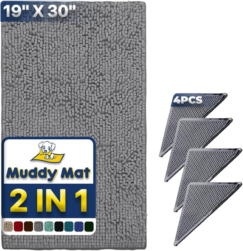 Muddy Mat | Absorbent Microfiber Chenille Door Mat Grey 24" x 35" with Heavy Duty Non-Slip Rug - 19" x 30" / Grey