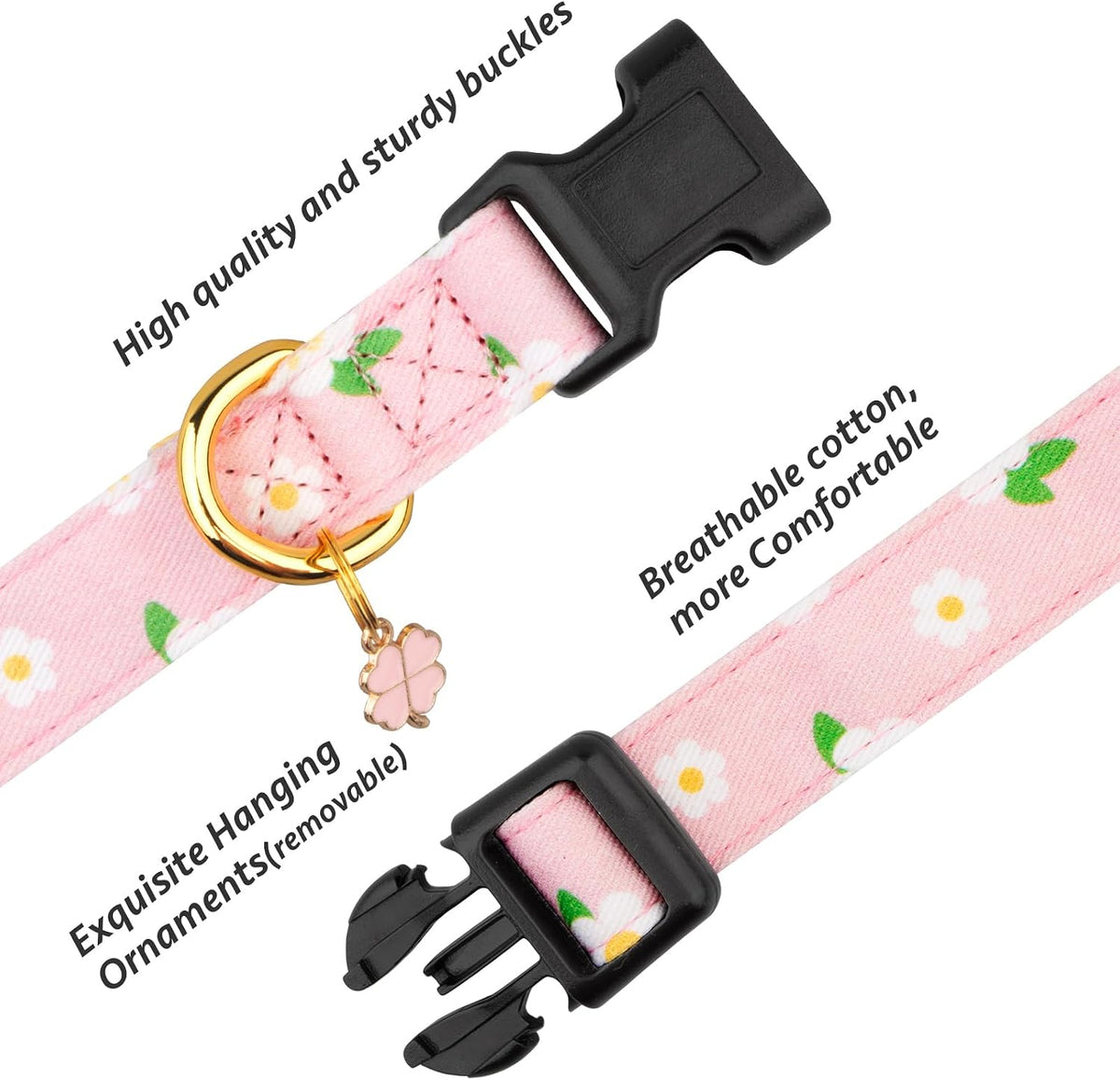 Cotton Dog Collar White and Pink Love Heart with Pendant Cute Dog - Pink Flower / L - image 2
