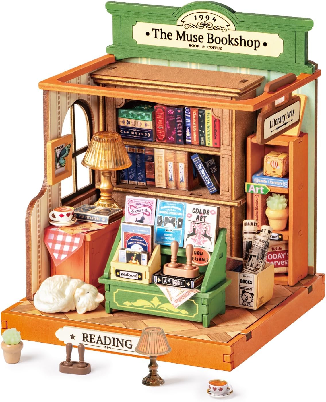 Rolife Tipsy Cat Bar DIY miniature kit, layered mini bar scene for a bookshelf