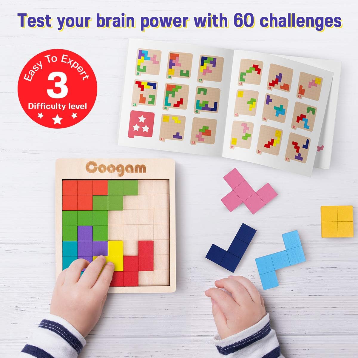 Coogam Wooden Puzzle Pattern Blocks Brain Teasers Game with 60 - image 2