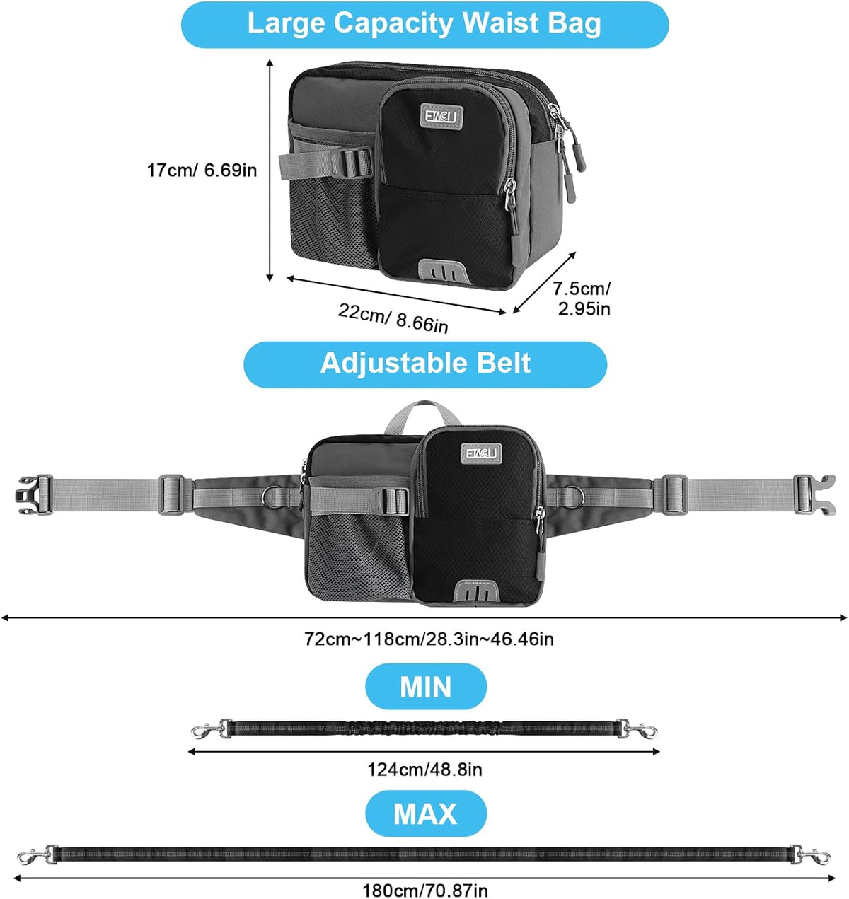 ETACCU Hands Free Dog Leash with Phone Pouch - 2 Dog Blue-black - image 3