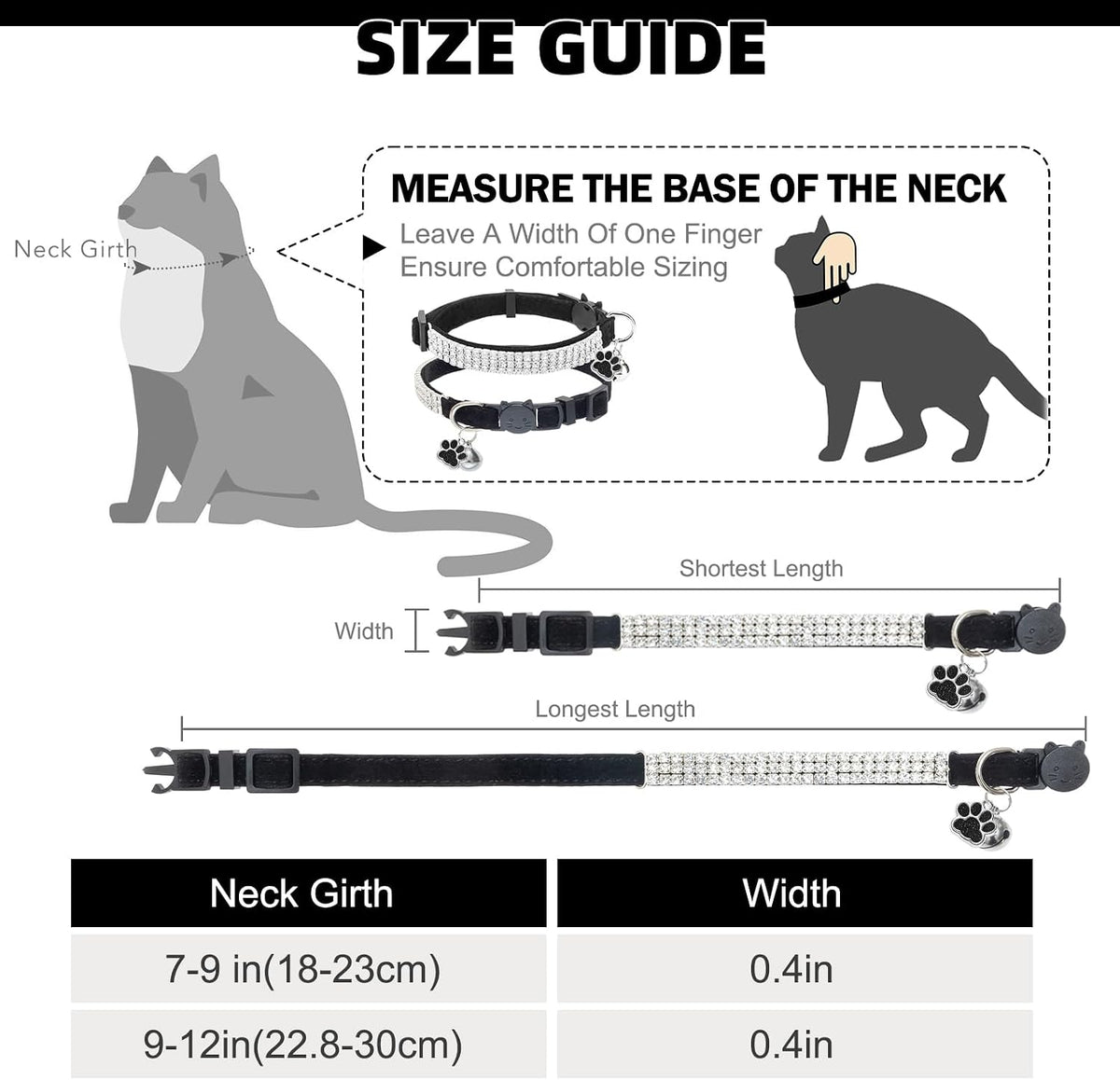 2 Pack Soft Velvet Safe Bling Diamond Cat Collars with Bells – Essentials for Cats - Black / 7"-9" For Cats - image 2