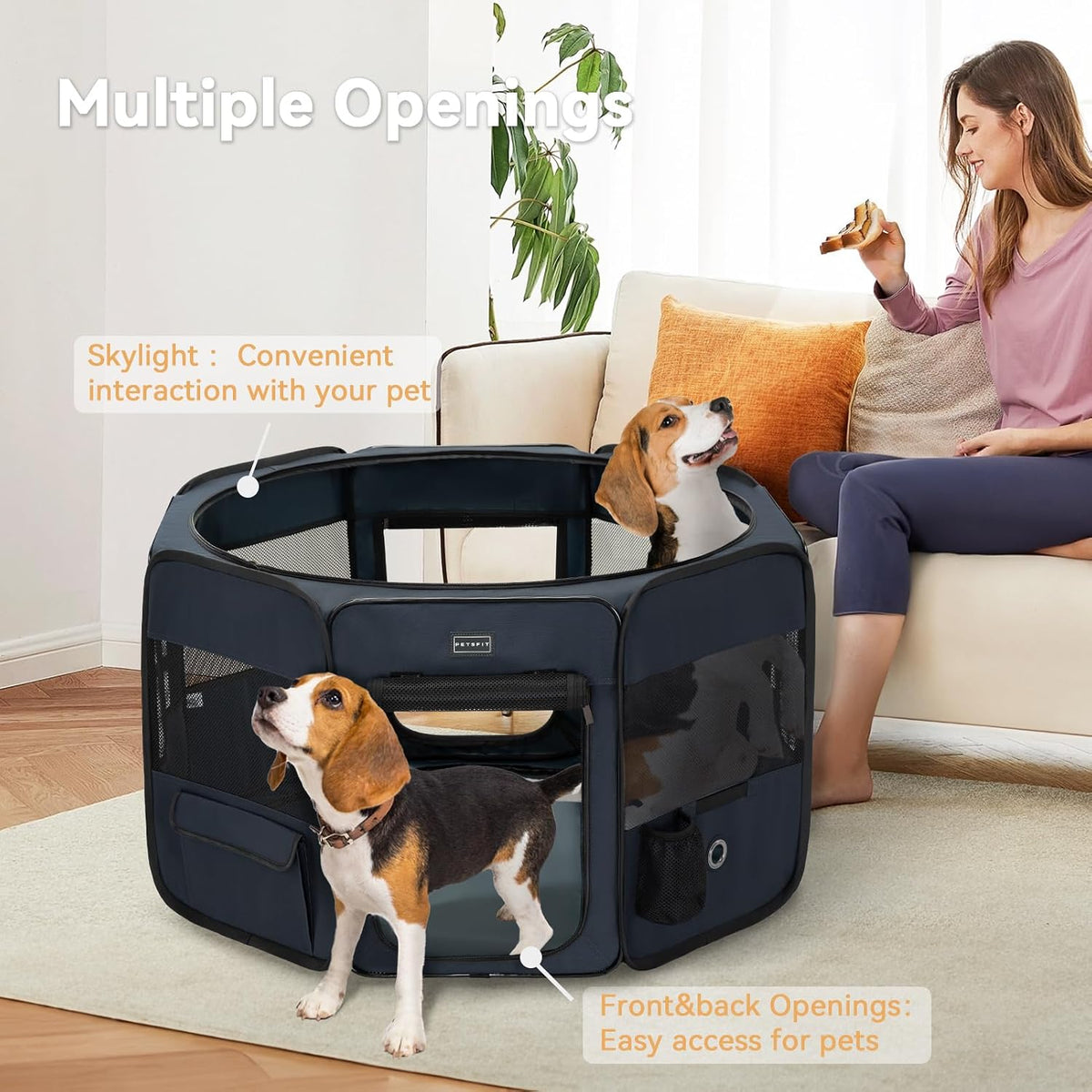 PETSFIT Portable Dog Playpen 36", Removable Waterproof Mat - Blue / Medium (36"x36"x21", 2 Doors) - image 4