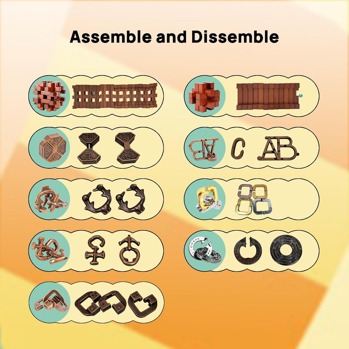 ActPo 9 piece brain teaser puzzles set with metal and wooden 3D puzzles - view 5