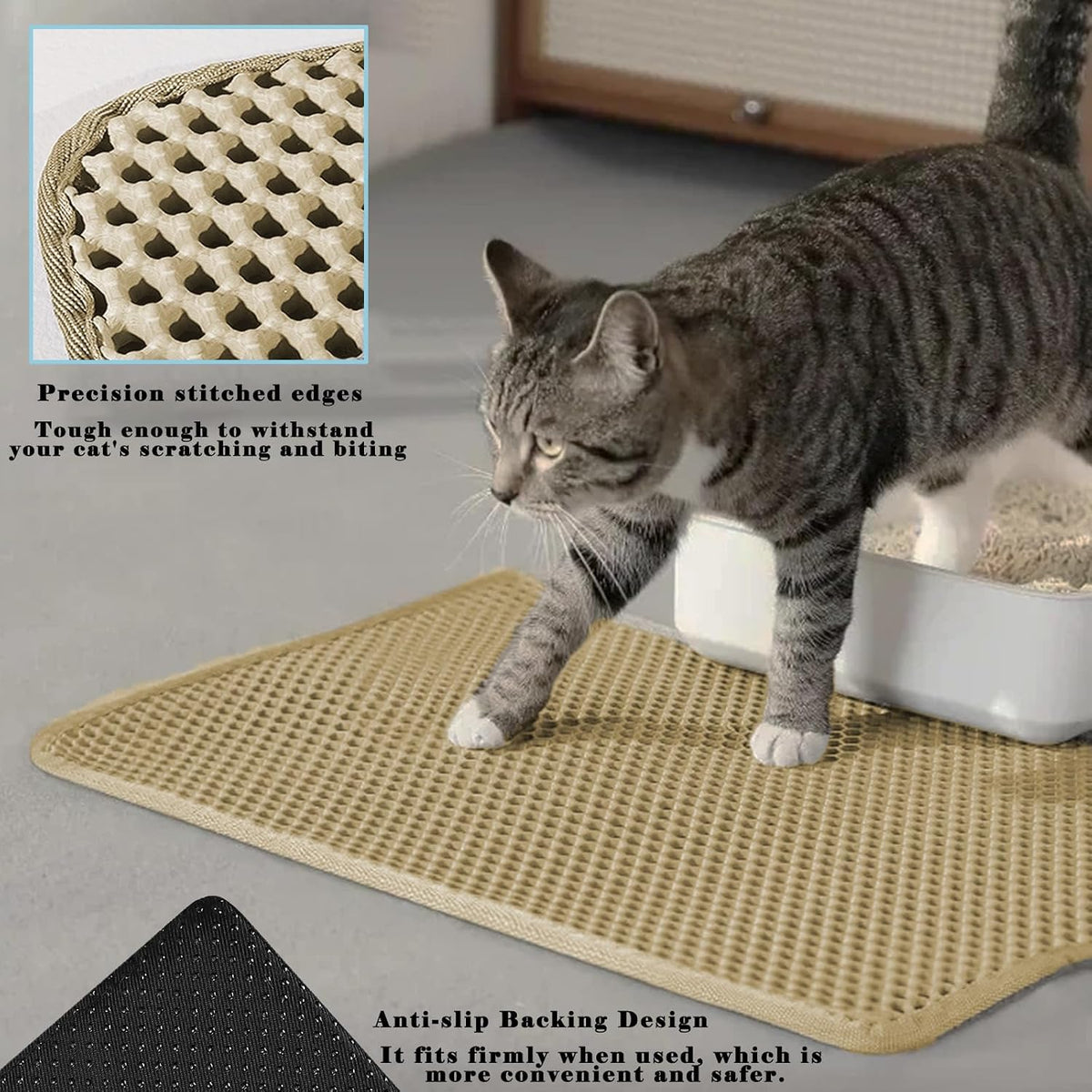 Cat Litter Mat, Honeycomb Double Layer Litter Trapping Mat – Daily Care for Cats - Beige / 30x22 Inches - image 3