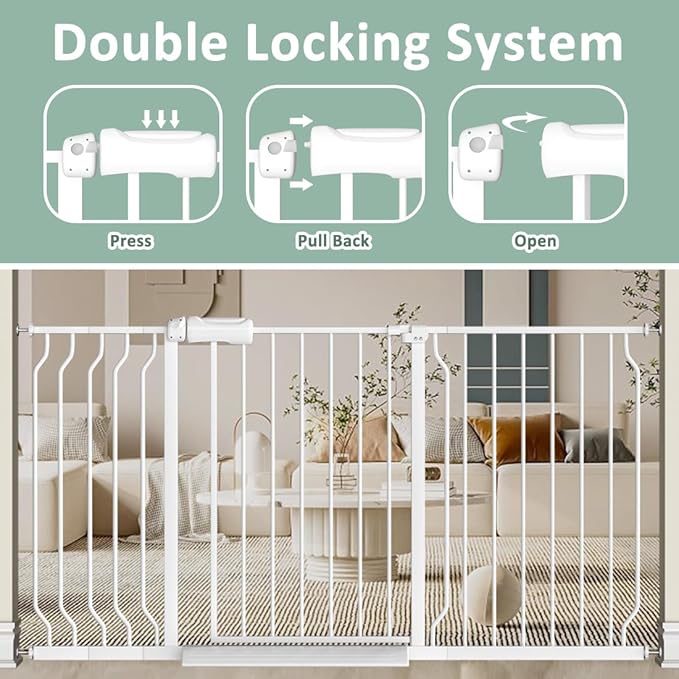 TSAYAWA Walk Through Baby Gate with Door,67-71.5 Inch Wide Presure Mounted No Drill Metal Auto Close Child Gate for Stair Doorway - Indoor Outdoor Safty Gate for Toddler Dog Doggie, White
