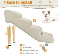 Senneny Imitation Linen Faux Leather Dog Stairs, for Pets up to 150 lbs, Waterproof, Scratch Resistant Pet Steps/Stairs with High Density Foam and Detachable Wooden Legs, Light Beige Linen, 4 Step