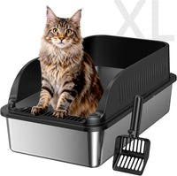 Stainless Steel Cat Litter Box Sturdy Metal Pan for Cats and Pets – Daily Care for Cats - BLACK-1 XL