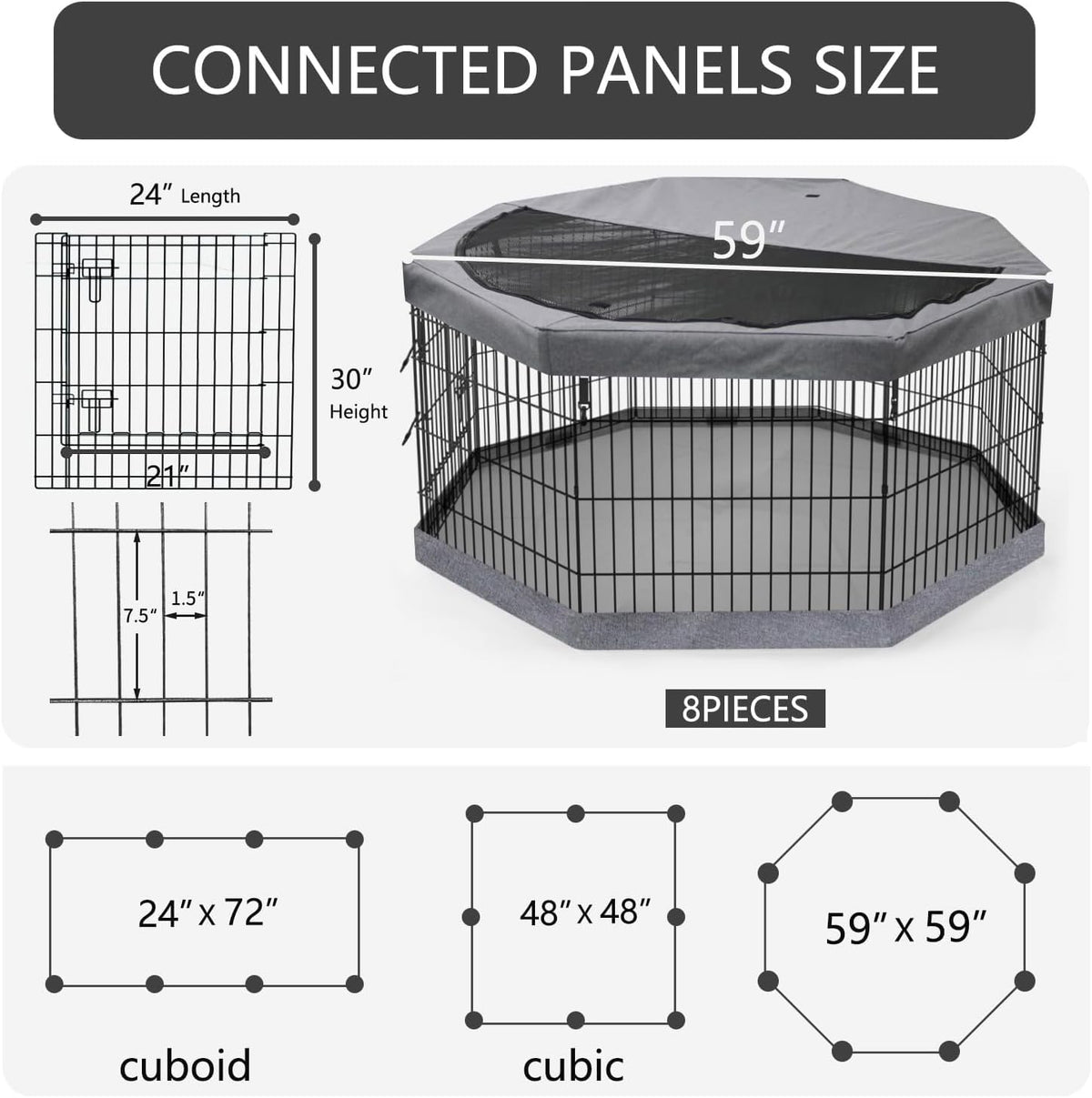 Foldable Metal Dog Exercise Pen/Pet Puppy Playpen Kennels Yard Fence - Gray / 30''H / Playpen+Bottom+Top Cover - image 2