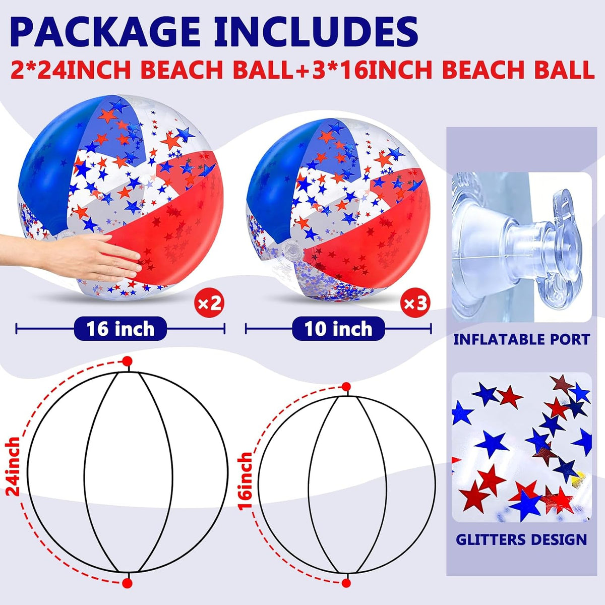 TURNMEON 5 Pack Sequins Beach Balls 16 Inch 24 Inch Pool Party - Patriotic / 2 pcs 24inch+3 pcs 16inch - image 2