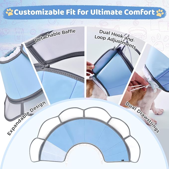 Soft Dog Cone Collar After Surgery Recovery,Adjustable E-Collar with Removable Shield,Lightweight,Breathable Anti-Licking Protective Cone for Large,Medium,Small Pets (Blue, L (Neck:15.5''-19''))