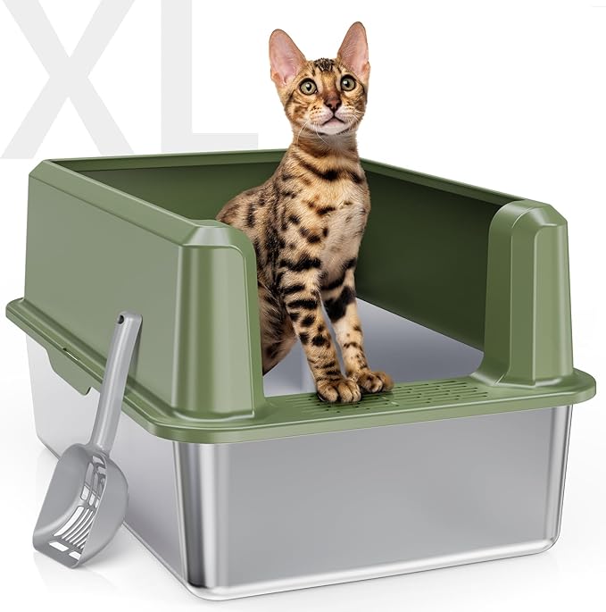 Enclosed Stainless Steel Cat Litter Box with Lid, XL Extra Large Litter Box for Big Cats, Metal Litter Pan High Sided, Never Absorbs Odors, Anti-Urine Leakage, Include Scoop (Green)