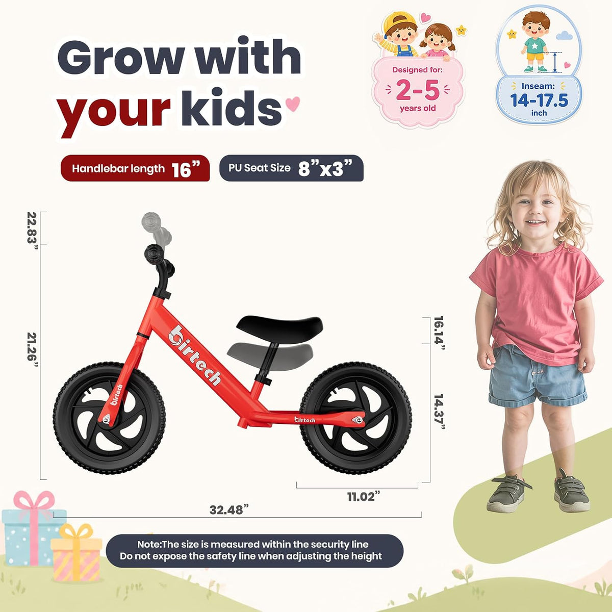 Birtech Balance Bike for 2-5 Years Old Kids 12 Inch Toddler Balance - red - image 3