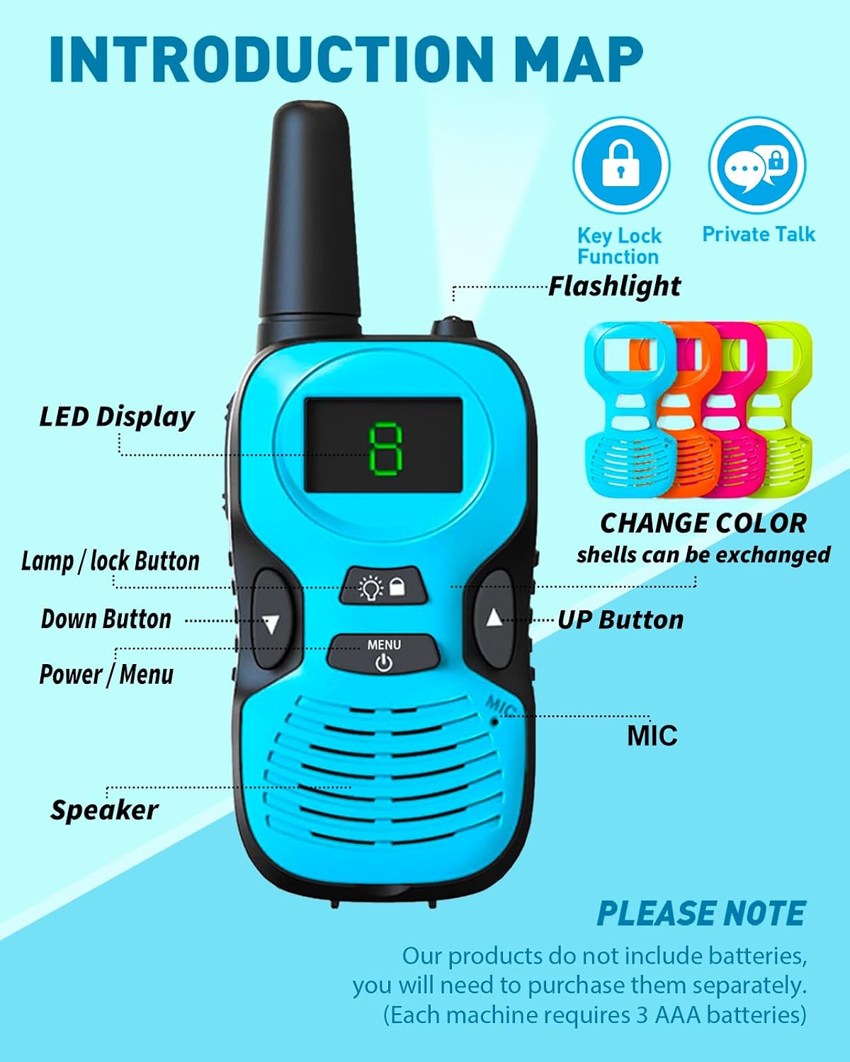 Walkie Talkies for Kids Long Range: 4 Pack 4-Color Replaceable Back - Green Orange Blue Pink - image 2