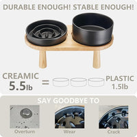 Ceramic Slow Feeder and Water Bowl Set for Small Dogs, Ceramic Dog Bowls Elevated with Wooden Stand, 0.6 Cups Dog Slow Feeder(14oz) and 30oz Water Bowl Set, Black